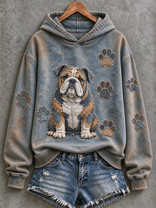 Women's English Bulldog & Paw Prints Patchwork Print Casual Hoodie