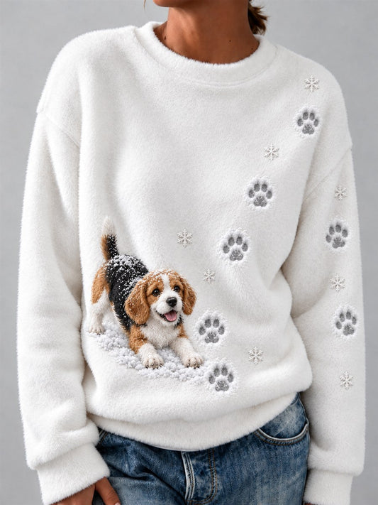 Women's Snowy Winter Beagle Dog in the Snow Paw Prints Print Flannel Sweatshirt