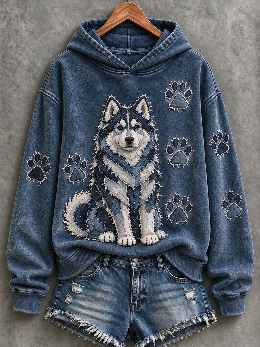 Women's Alaskan Malamute & Paw Prints Patchwork Print Casual Hoodie