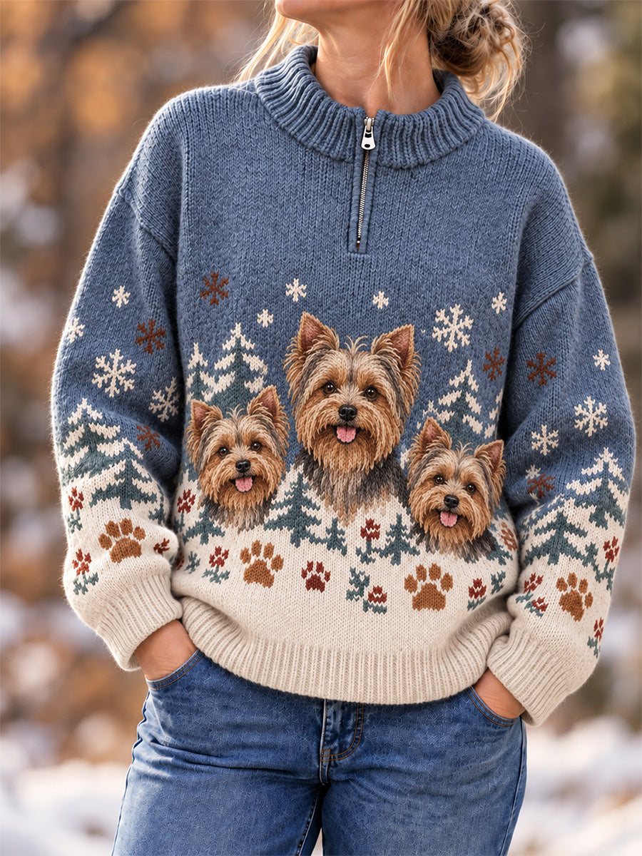 Women's Cute Dogs In Autumn And Winter Print Casual Zipper Pullover