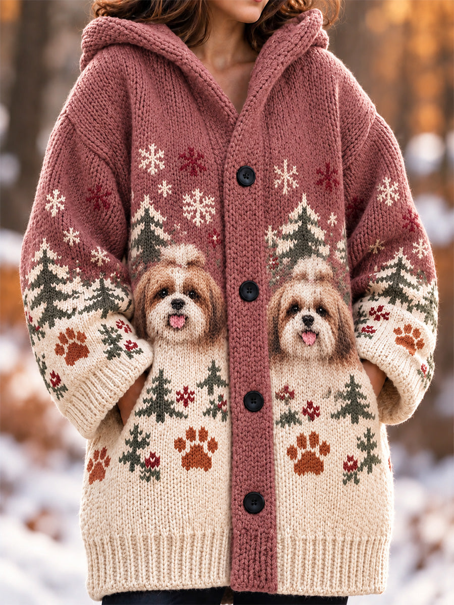 Women's Cute Dogs In Autumn And Winter Print Casual Composite Fleece Long Coat