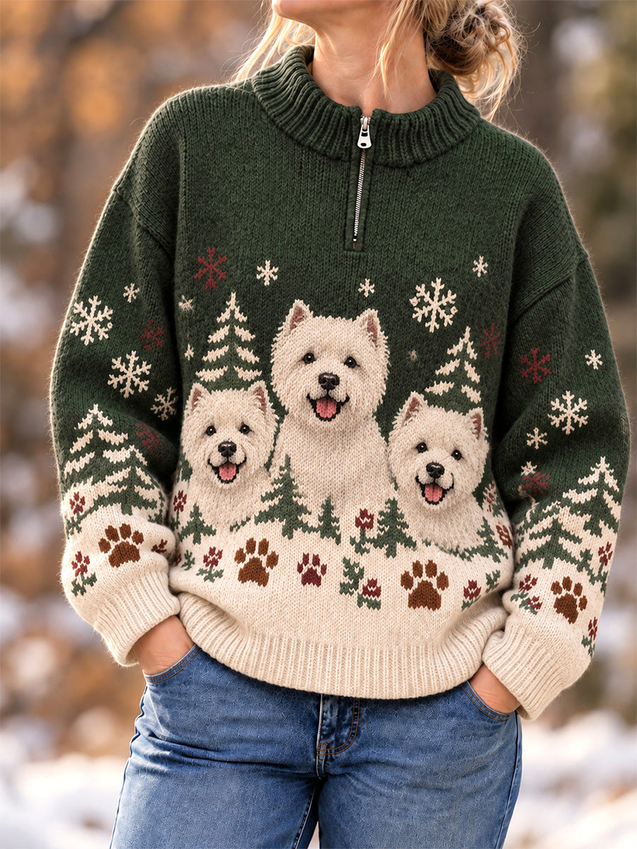 Women's Cute Dogs In Autumn And Winter Print Casual Zipper Pullover