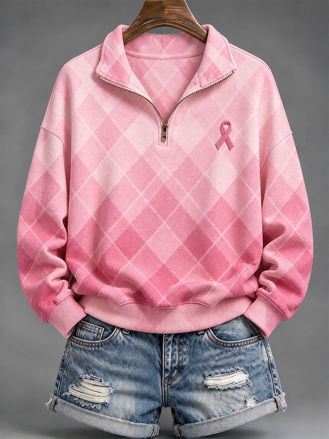 Women's Pink Charity Ribbon Pattern Checkered  Design Casual Half-Zip Sweatshirt