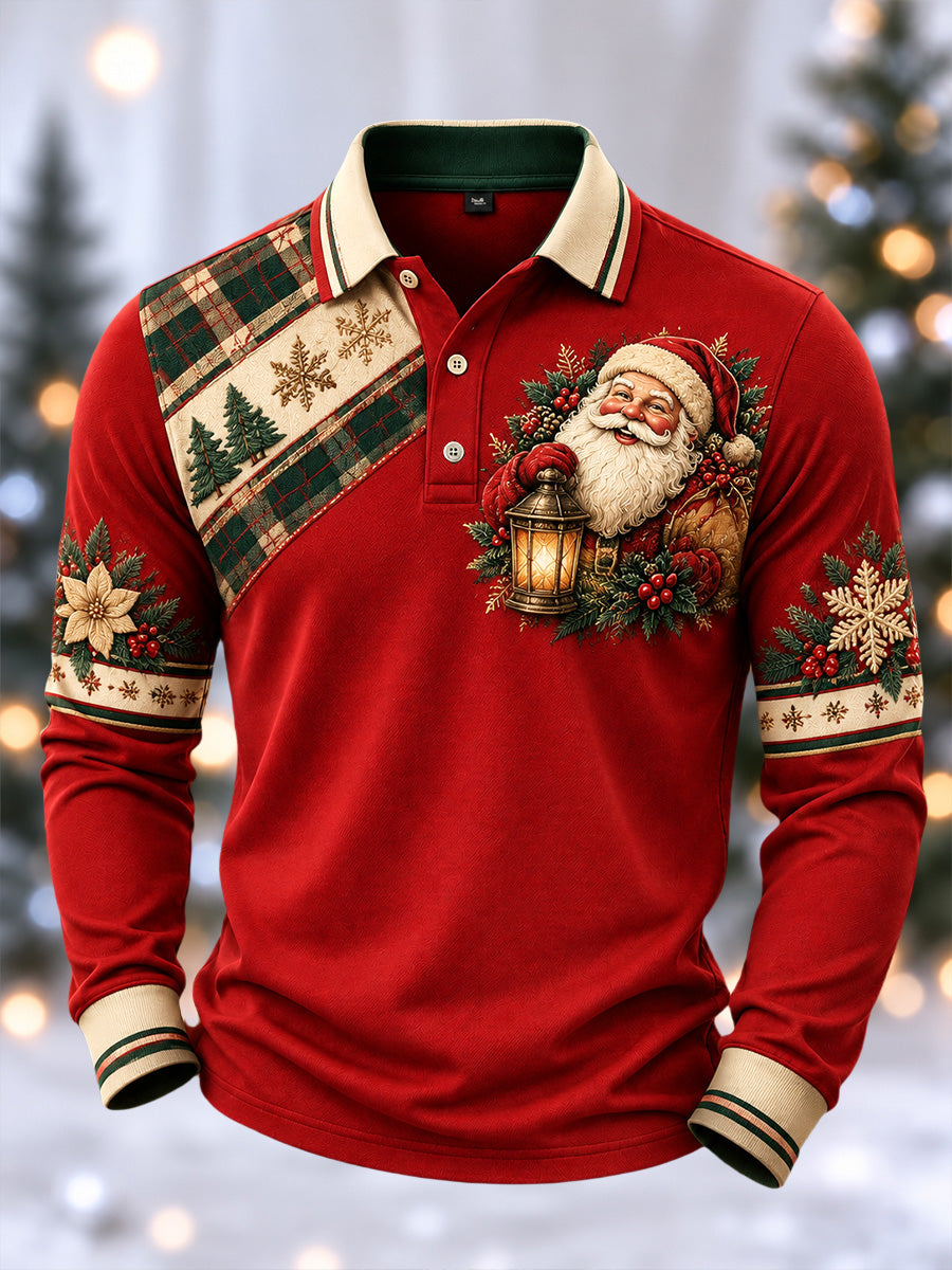 Men's Merry Chrismas Print Long Sleeve Polo
