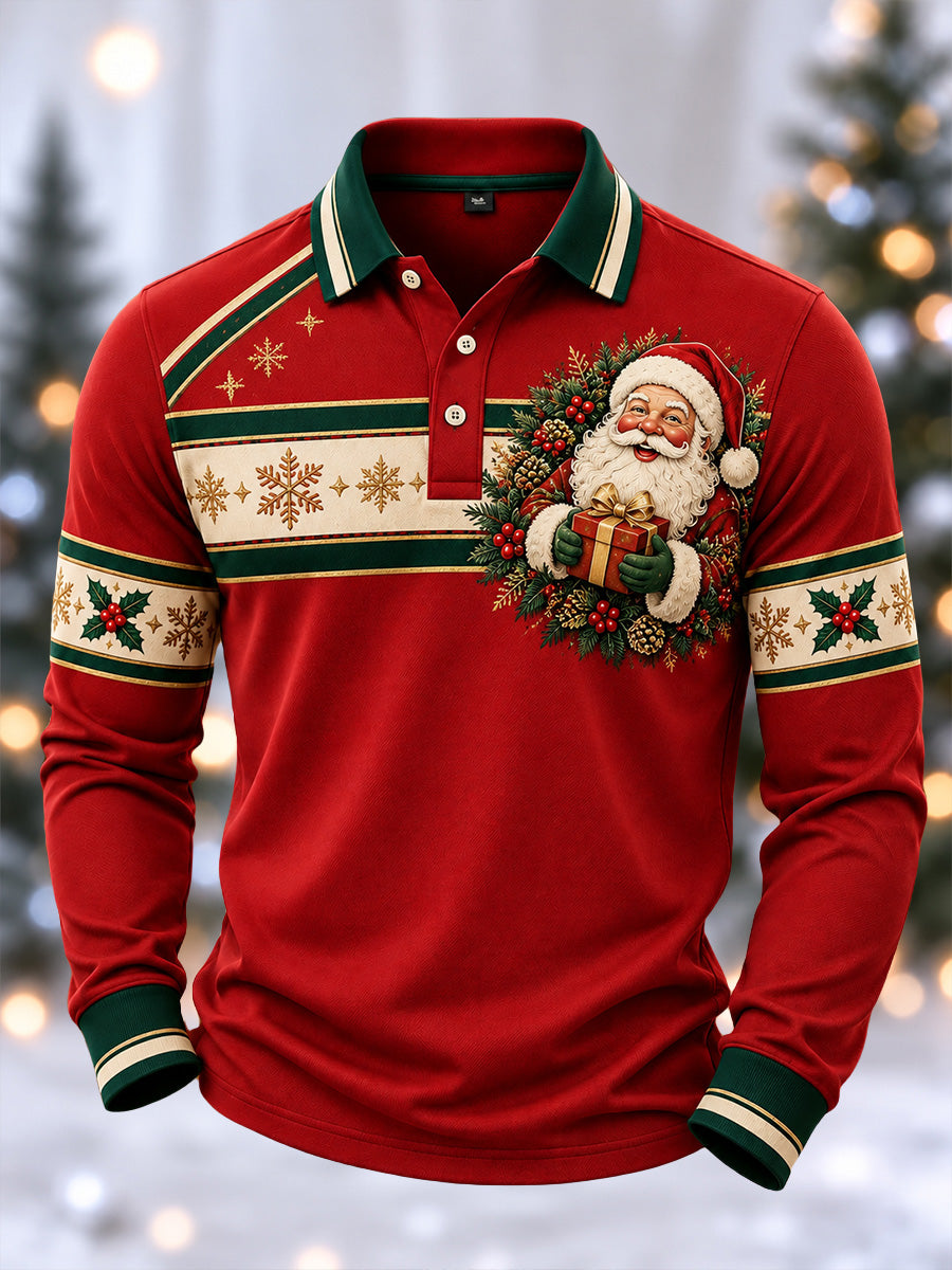 Men's Merry Chrismas Print Long Sleeve Polo