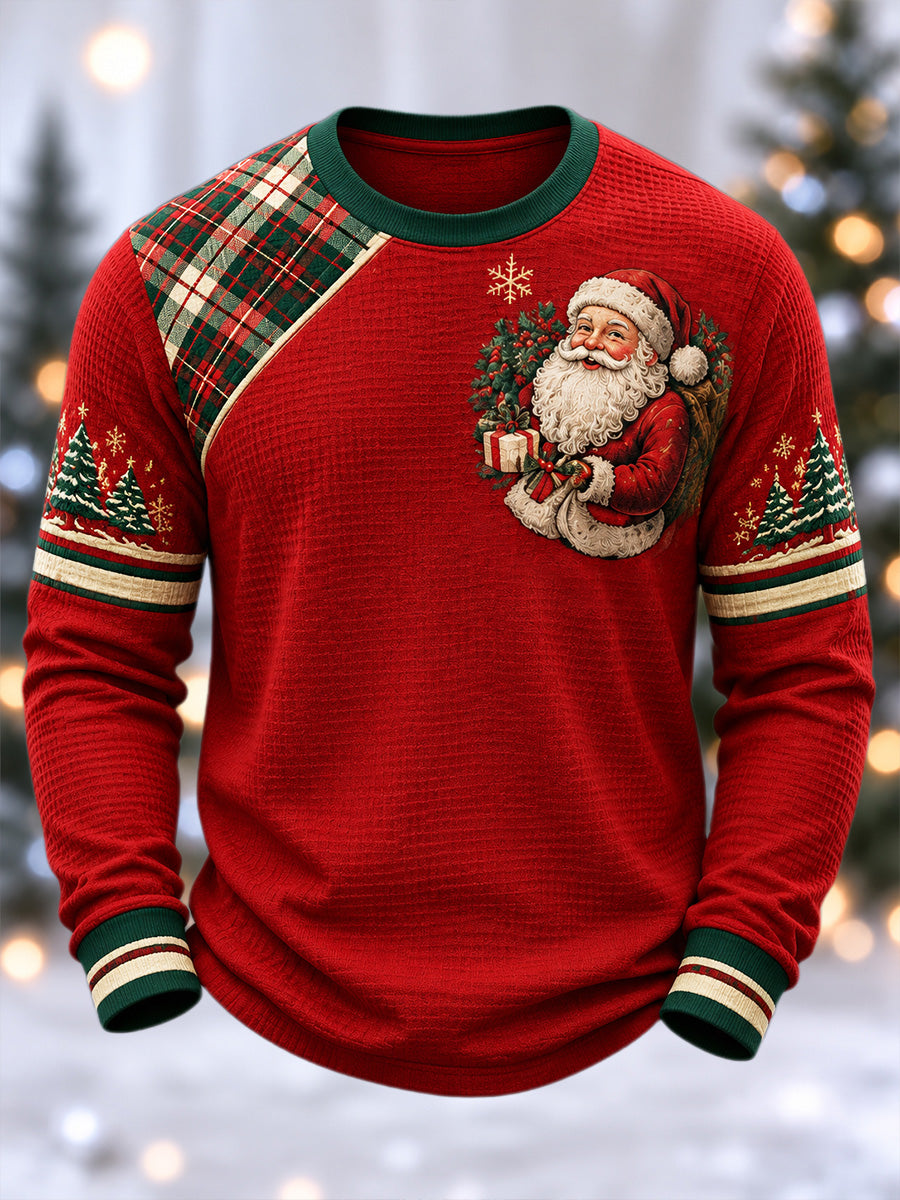 Men's Merry Chrismas Print Waffle Long Sleeve Top