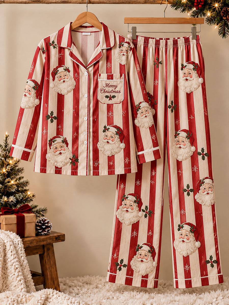Women's Christmas Santa Striped Print Pajama Set