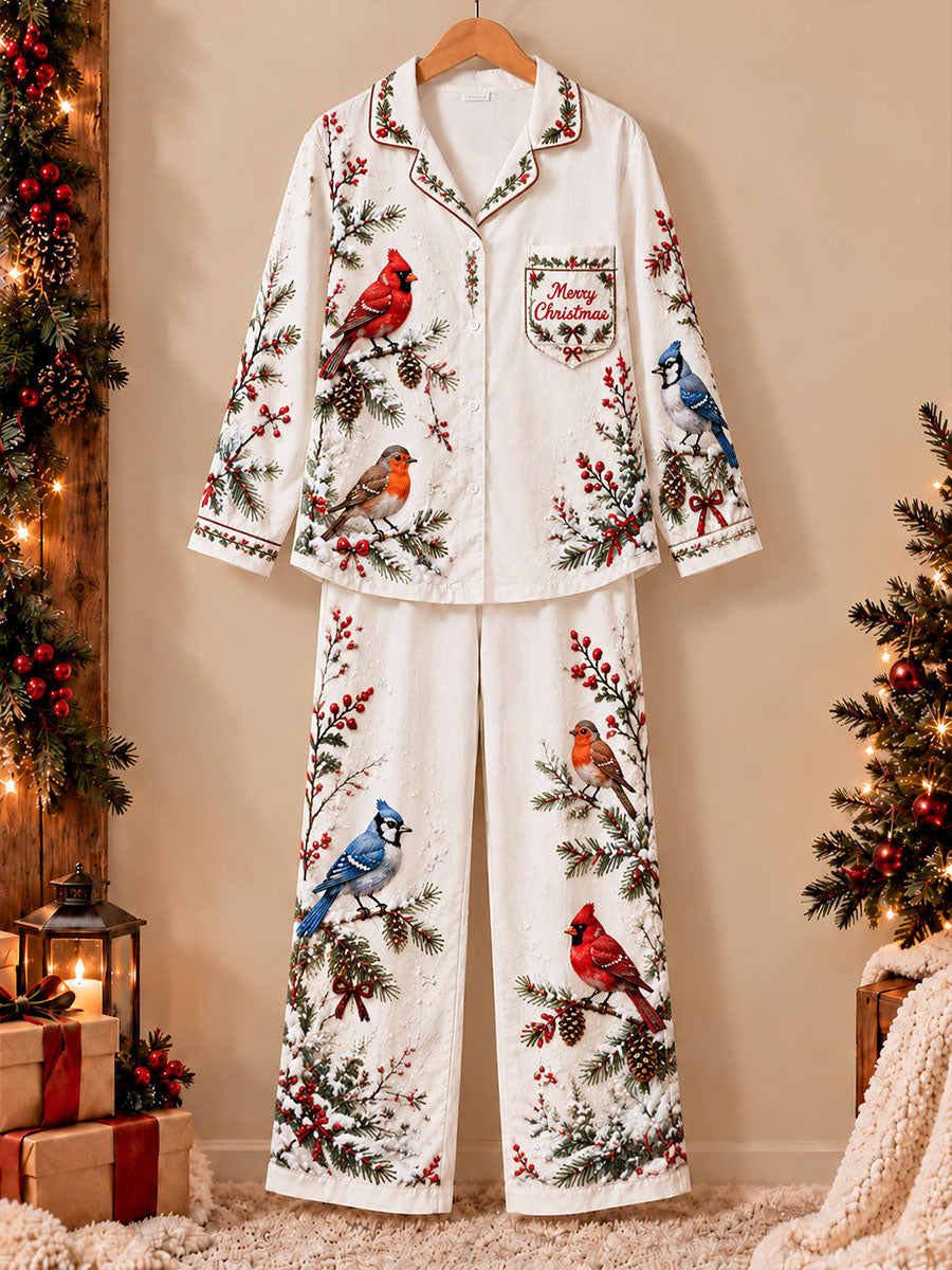 Women's Christmas Winter Bird Print Pajama Set