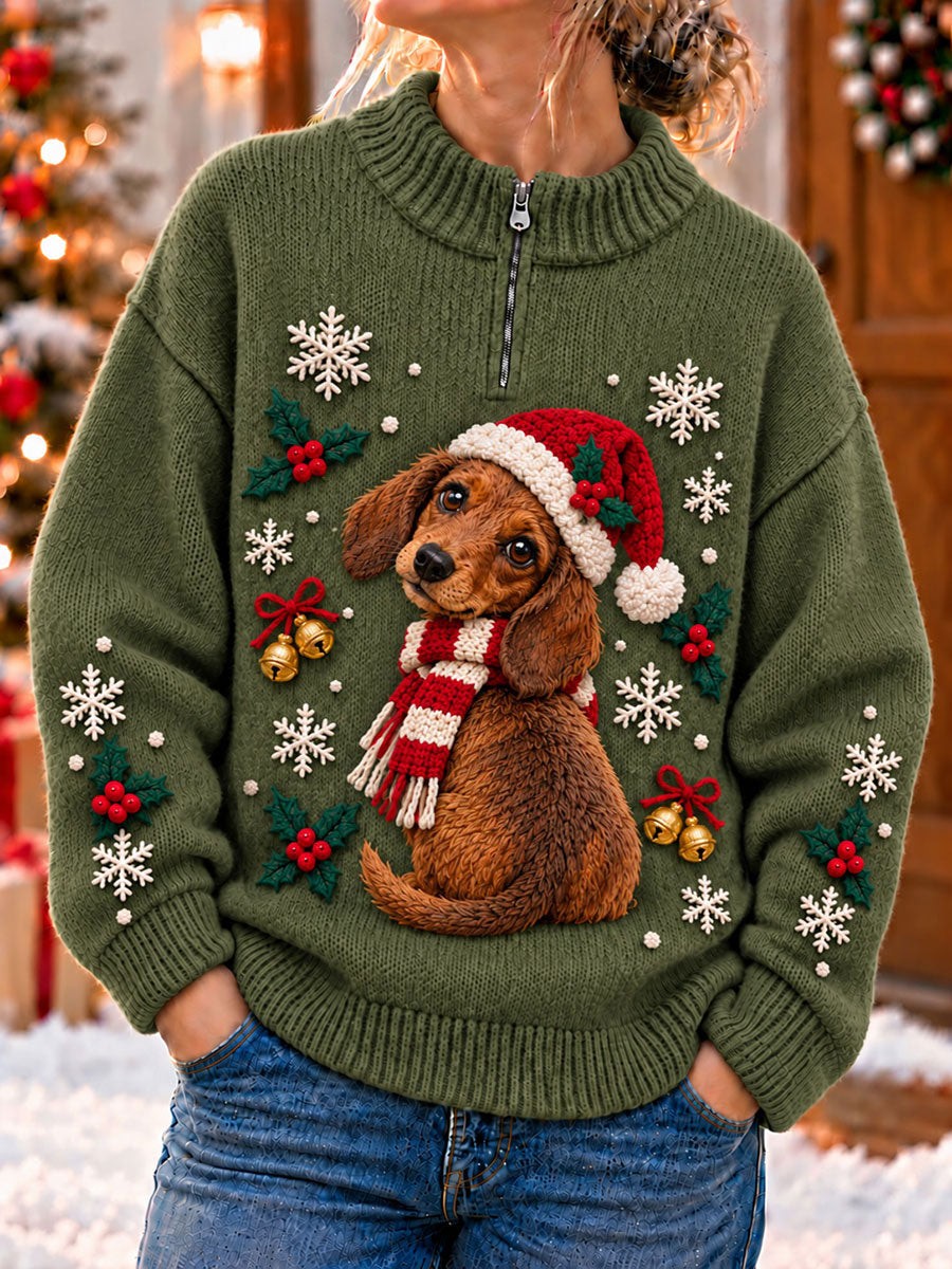 Women's Christmas Funny Dog Art Print Zipper Sweater