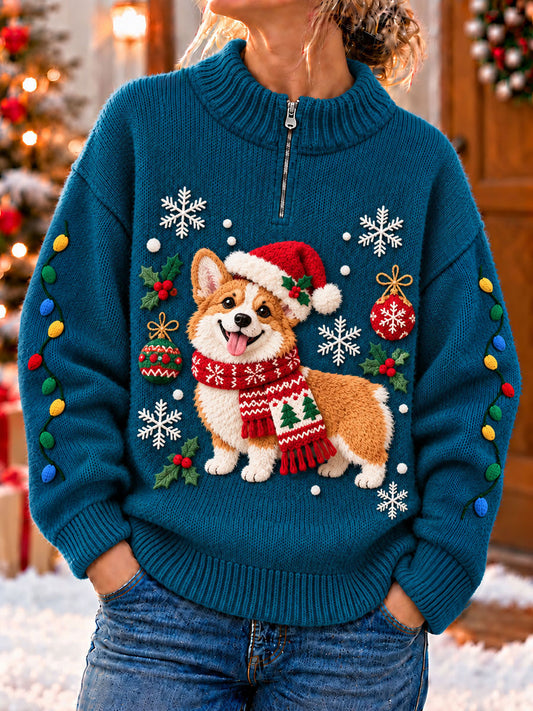 Women's Christmas Funny Dog Art Print Zipper Sweater