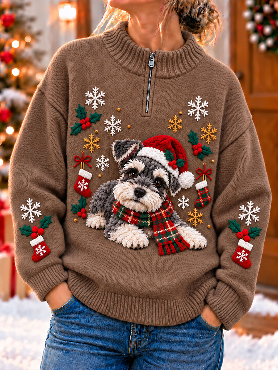 Women's Christmas Funny Dog Art Print Zipper Sweater