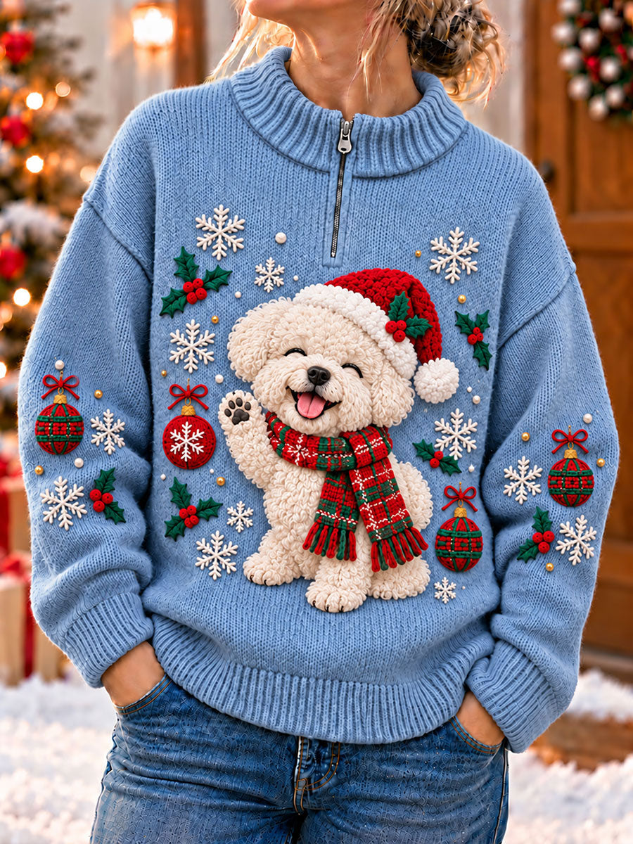 Women's Christmas Funny Dog Art Print Zipper Sweater