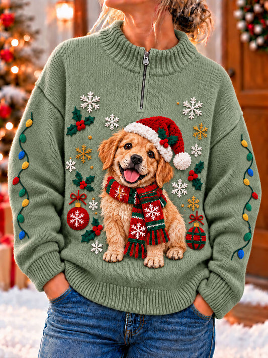 Women's Christmas Funny Dog Art Print Zipper Sweater