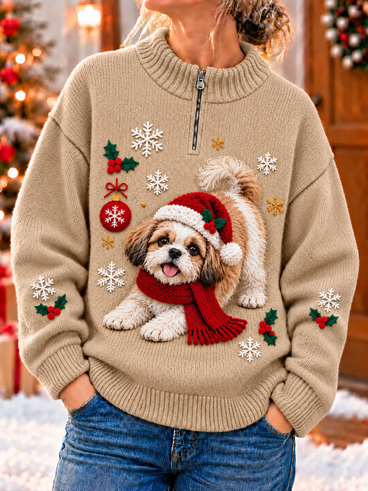Women's Christmas Funny Dog Art Print Zipper Sweater