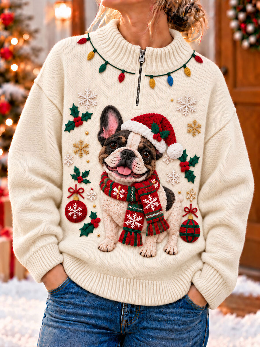 Women's Christmas Funny Dog Art Print Zipper Sweater