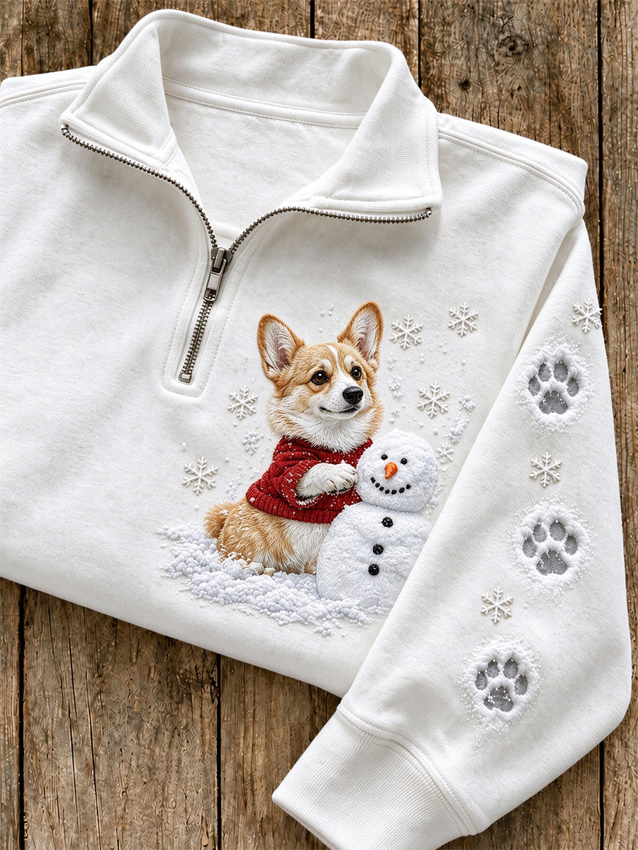 Women's Snowy Winter Corgi & Snowman In the Snow Print Zip Up Sweatshirt