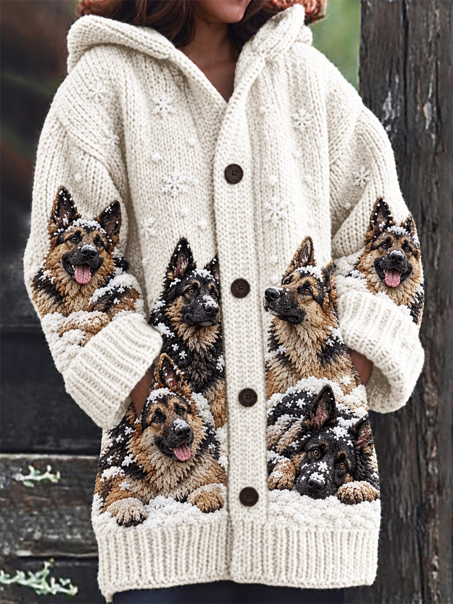 Women's Snowy Winter German Shepherd Dogs in the Snow Print Composite Fleece Long Coat