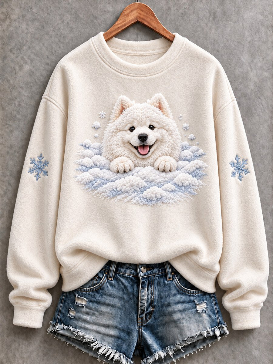 Women's Snowy Winter Samoyed Dog In the Snow Print Flannel Sweatshirt
