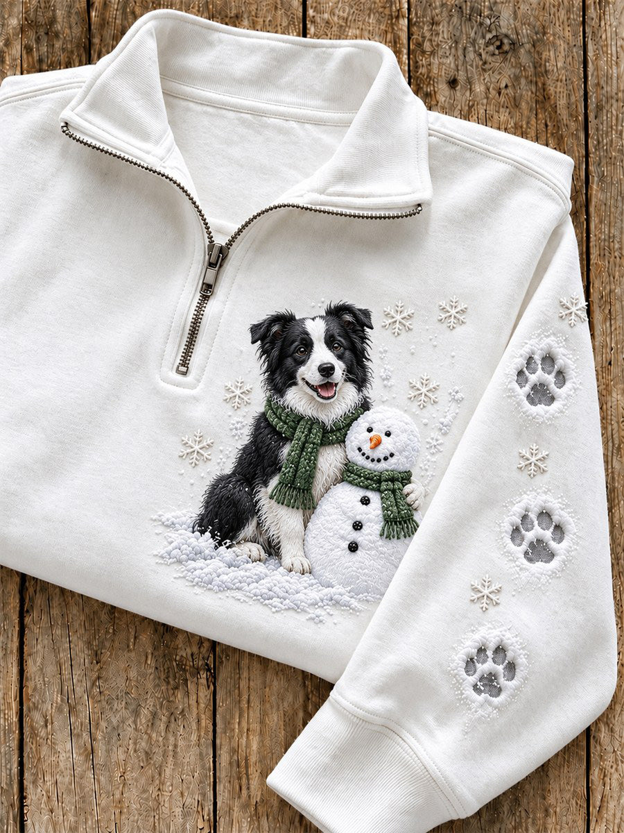 Women's Snowy Winter Border Collie & Snowman In the Snow Print Zip Up Sweatshirt