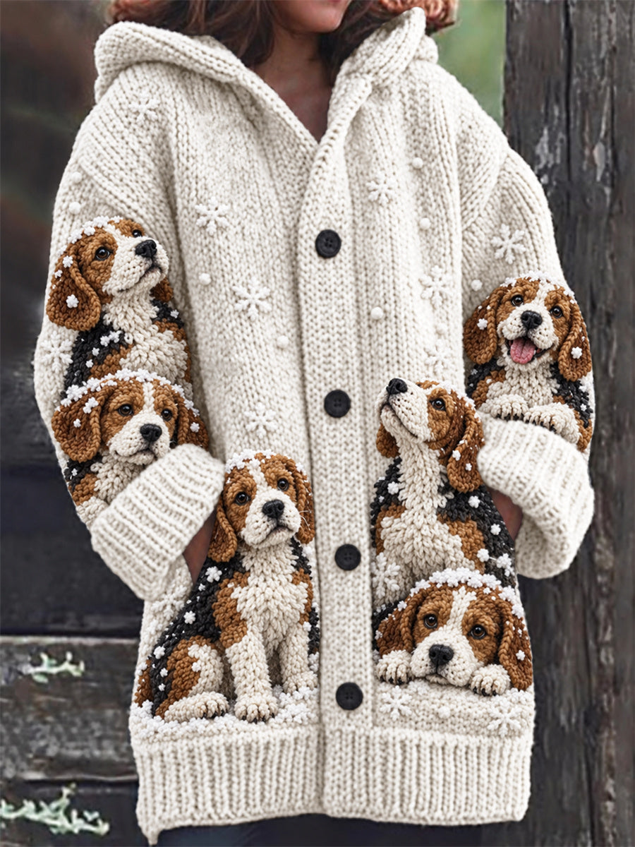 Women's Snowy Winter Beagle Dogs in the Snow Print Composite Fleece Long Coat