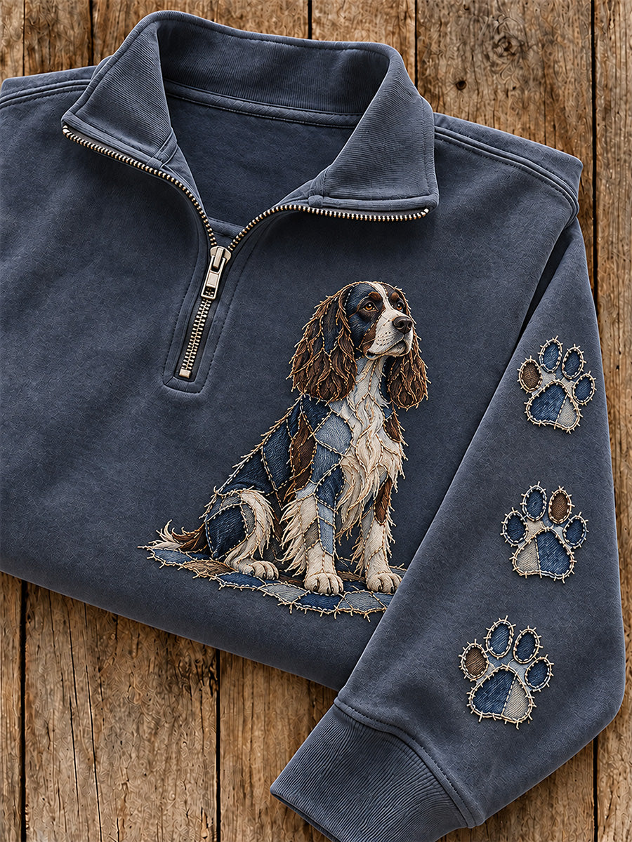 Women's Patchwork English Springer Spaniel Dog & Paw Print Zip Up Sweatshirt