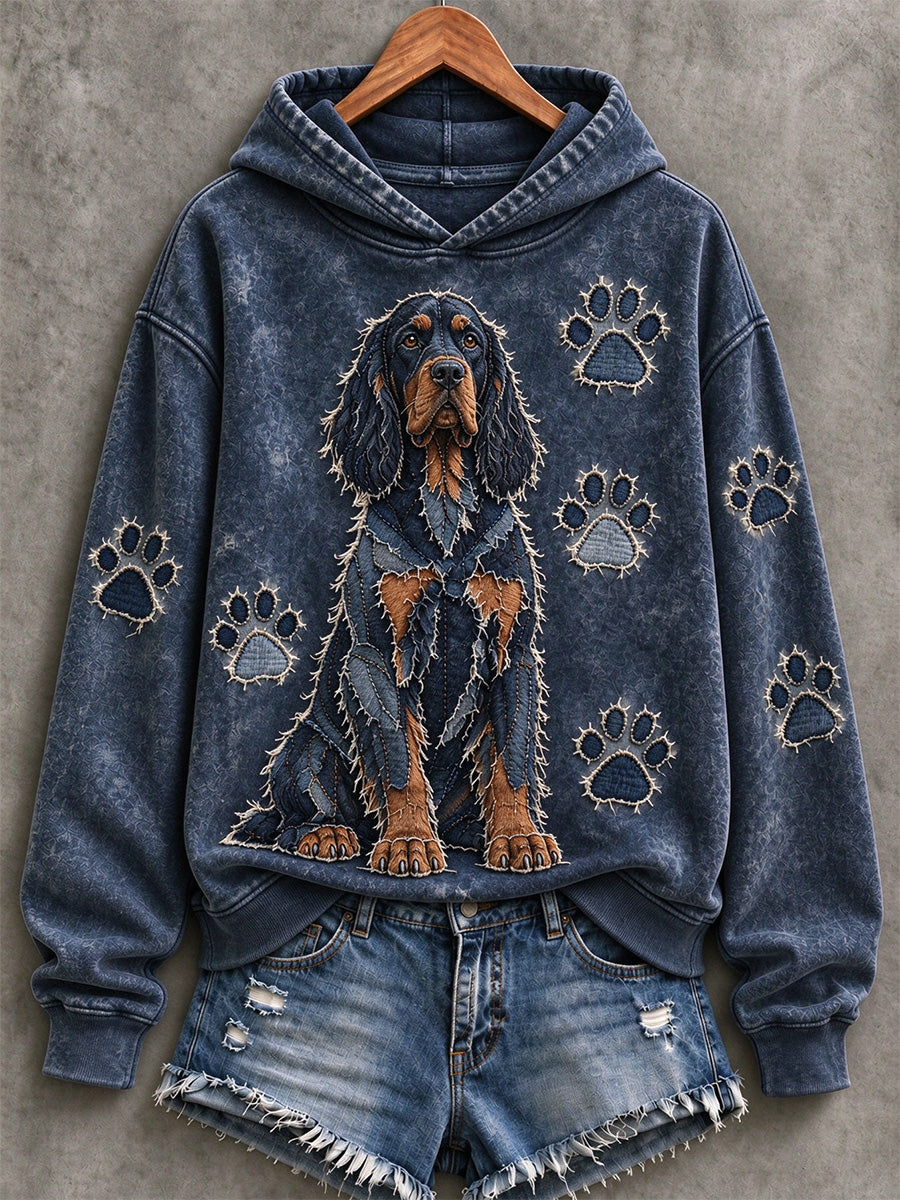 Women's Gordon Setter & Paw Prints Patchwork Print Casual Hoodie