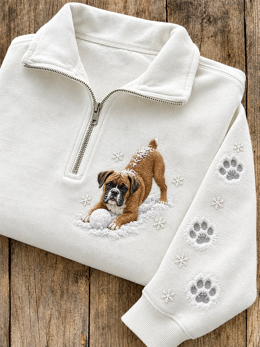 Women's Snowy Winter Boxer Dog in the Snow Print Zip Up Sweatshirt