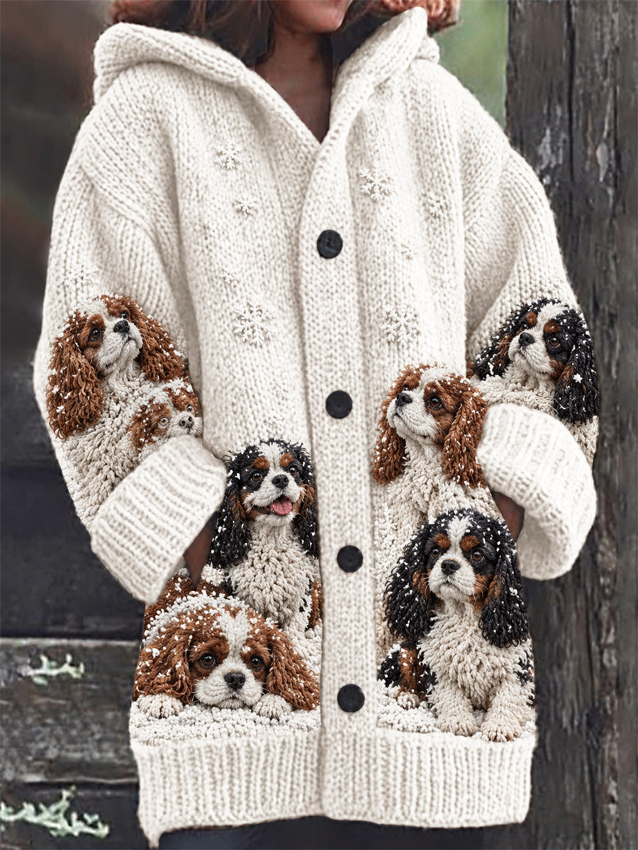 Women's Snowy Winter Cavalier Dogs in the Snow Print Composite Fleece Long Coat