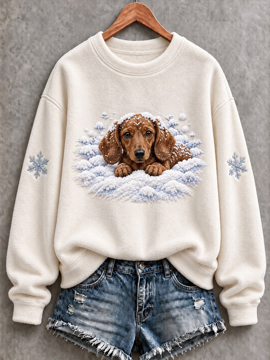 Women's Snowy Winter Dachshund Dog In the Snow Print Flannel Sweatshirt